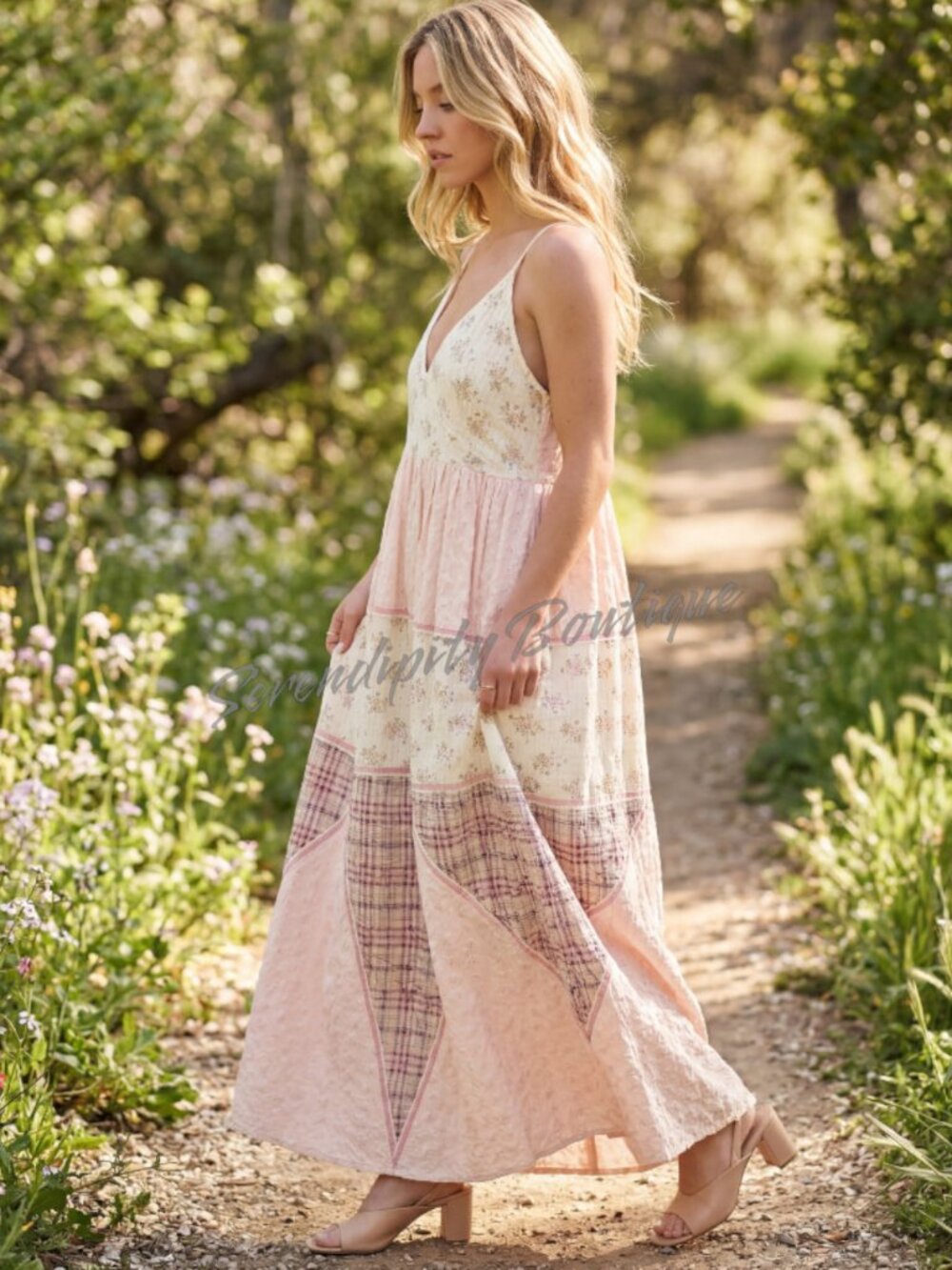 POL Boho Tiered Ruffles Airy Flowy Patchwork Cotton Lightweight Maxi Sundress - Picture 3 of 8